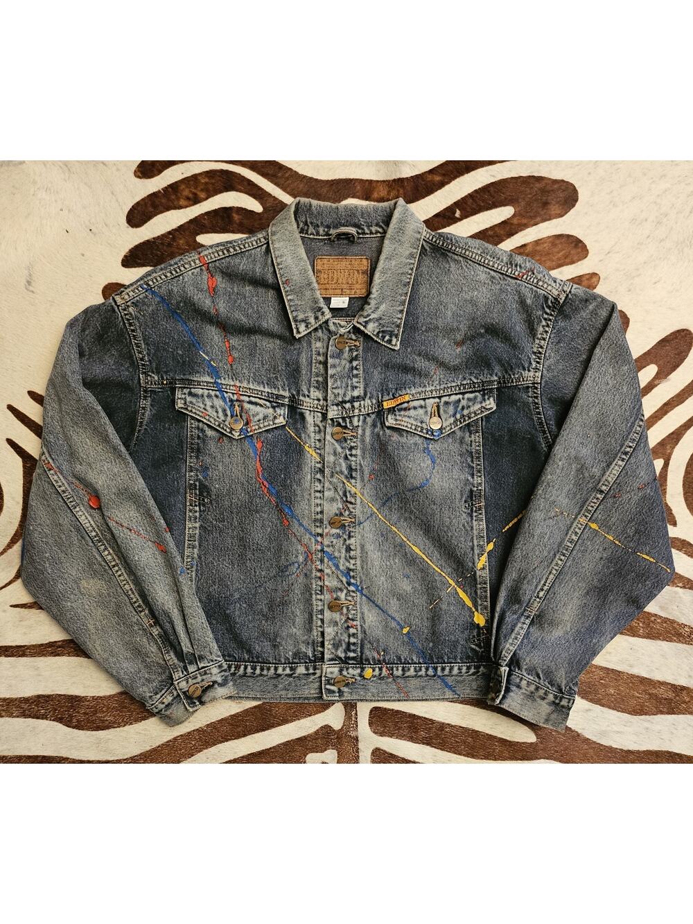 Vintage 80s Edwin Japanese Denim Black Stonewash "Big Jacket" Paint Splatter L